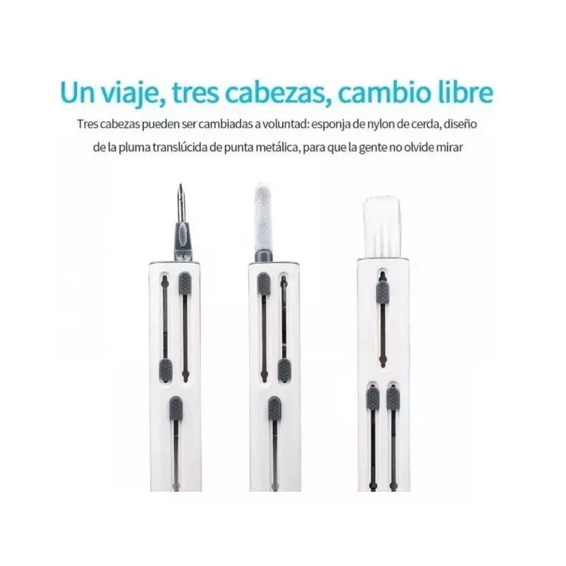 Cepillo limpiador de teclado con 3 cabezales intercambiables: nylon, esponja y punta metálica.
