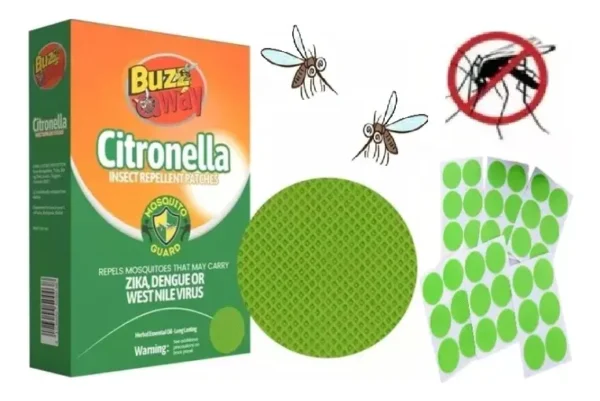 Caja de parches antimosquitos Citronella Buzz Away con parches individuales y dibujos de mosquitos.