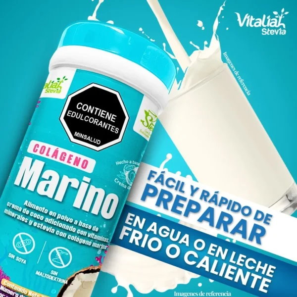 Colágeno Marino Vitaliák con stevia, fácil de preparar en agua o leche fría o caliente.