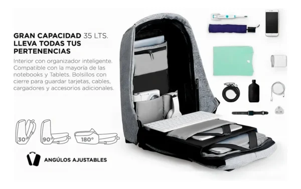 Morral antirrobo de gran capacidad 35L con compartimentos inteligentes y accesorios para portátil.