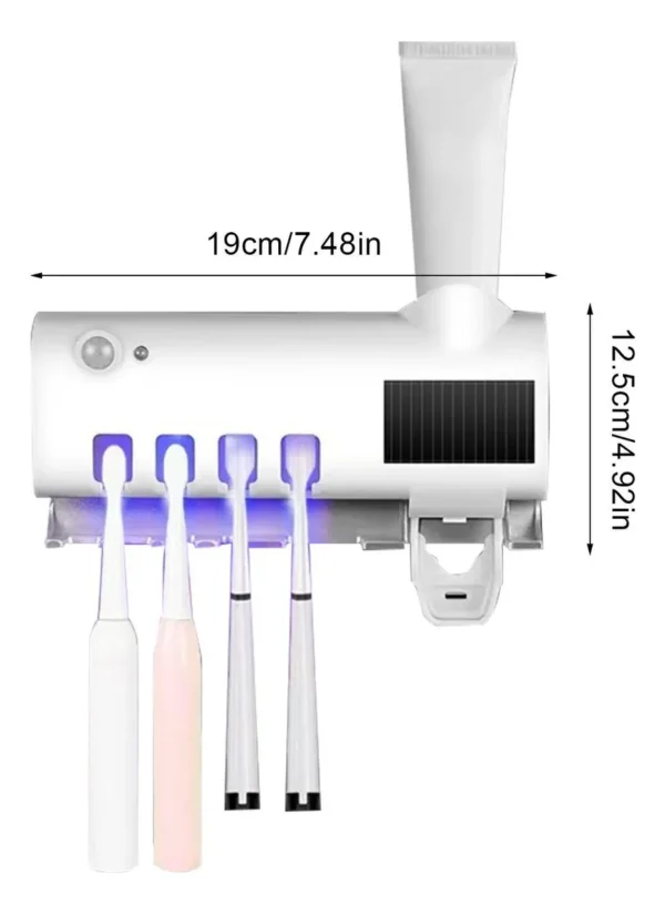 Soporte esterilizador UV para cepillos de dientes, con dispensador de pasta dental integrado.