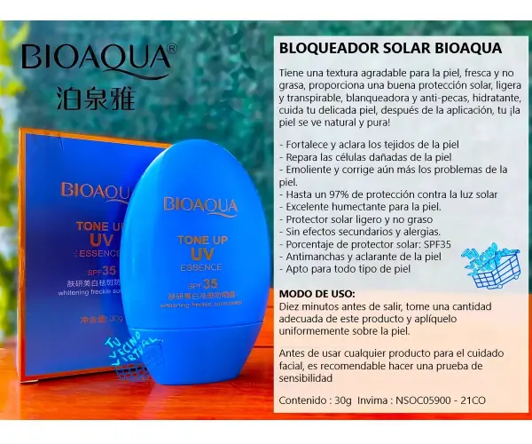 Bioaqua Protector Solar Aclarante Tono Up UV Essence SPF35 30g, ideal para todo tipo de piel.