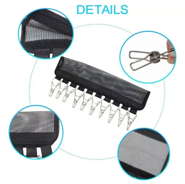 Organizador de gorras negro con clips metálicos y malla. Ideal para exhibir y almacenar.