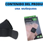 Muñequera ortopédica negra con velcro, soporte y empaque de exhibición con brazo.