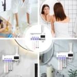 Soporte esterilizador de cepillos de dientes UV con dispensador de pasta dental montado en pared.