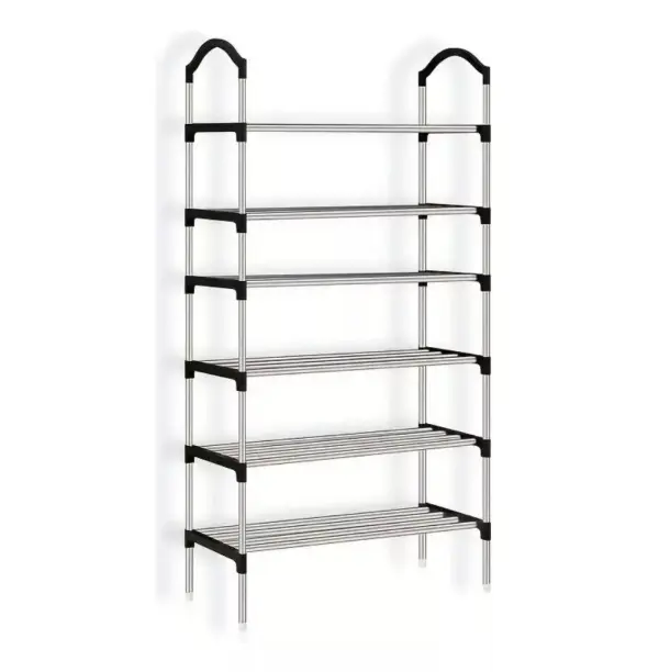 Zapatero organizador de 6 niveles con estructura metálica y horizontal para guardar zapatos y objetos.