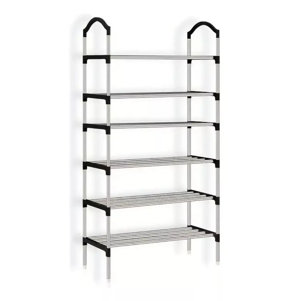 Zapatero organizador de 6 niveles con estructura metálica y horizontal para guardar zapatos y objetos.