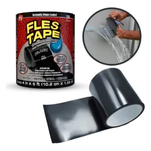Cinta impermeable Flex Tape negra, ideal para reparaciones robustas, que sella fugas y funciona bajo el agua.