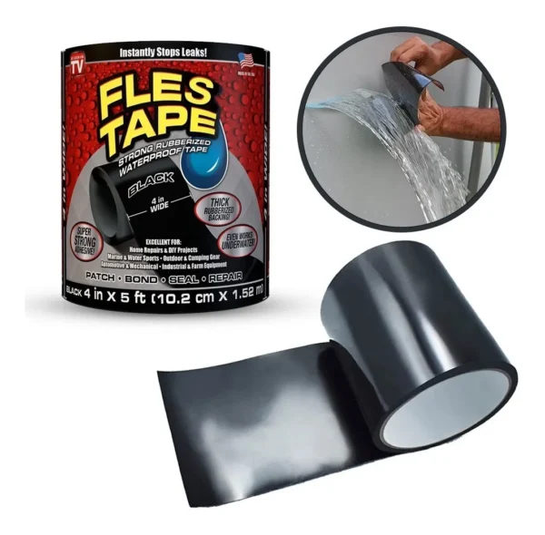Cinta impermeable Flex Tape negra, ideal para reparaciones robustas, que sella fugas y funciona bajo el agua.