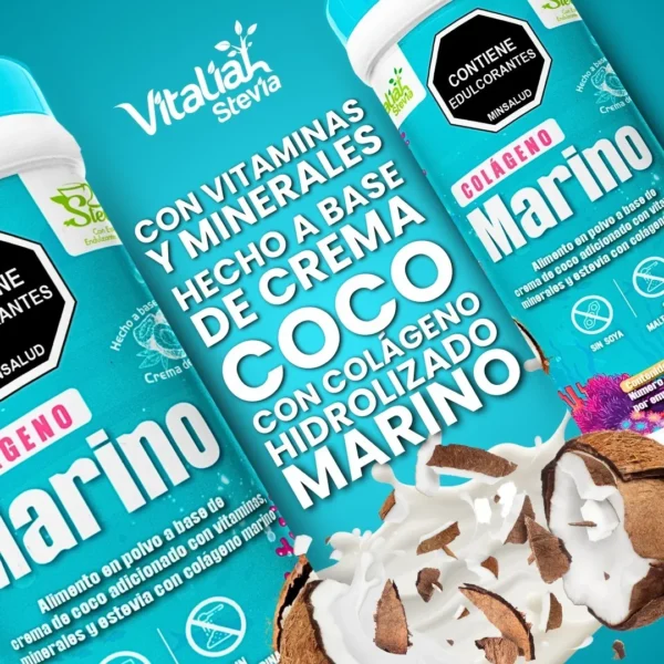 Vitaliah Stevia Colágeno Marino: alimento en polvo con vitaminas, minerales, coco y colágeno hidrolizado.