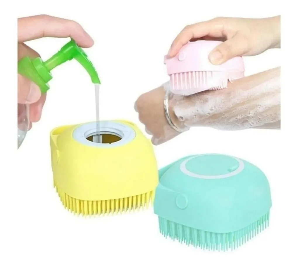 Cepillo corporal de silicona suave con dispensador de jabón, ideal para baño.