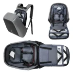 Morral antirrobo gris, diseño moderno y funcional con múltiples compartimentos y espacio para portátil.