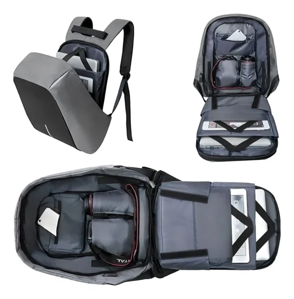 Morral antirrobo gris, diseño moderno y funcional con múltiples compartimentos y espacio para portátil.