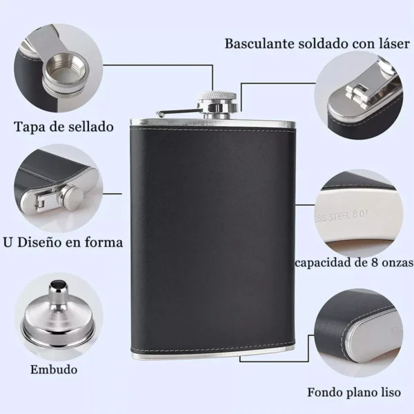 Licorera Whiskera 8oz con tapa sellada, diseño en U, embudo y base lisa.