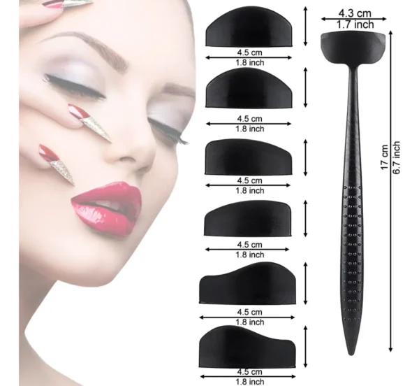 Kit plantillas 6 en 1 para sombra de ojo, con medidas y aplicador para maquillaje profesional.