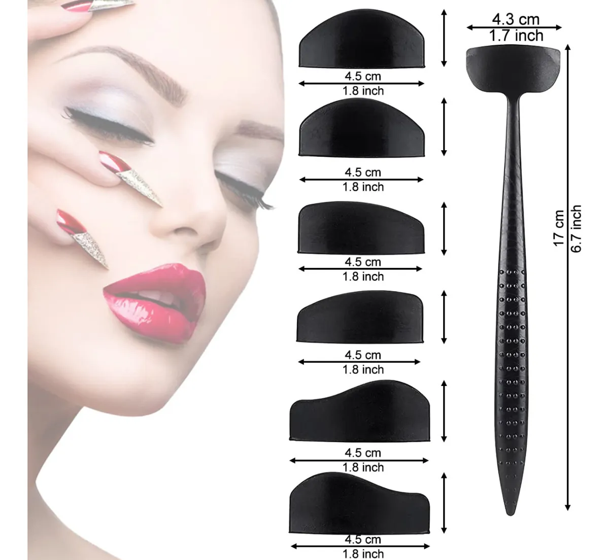 Kit plantillas 6 en 1 para sombra de ojo, con medidas y aplicador para maquillaje profesional.