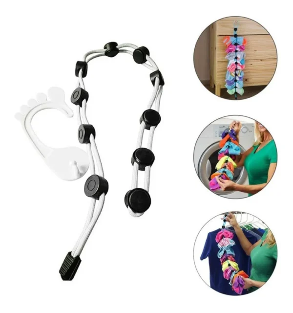 Gancho organizador de medias para colgar lazos y secar ropa, ideal para lavadora y clóset.