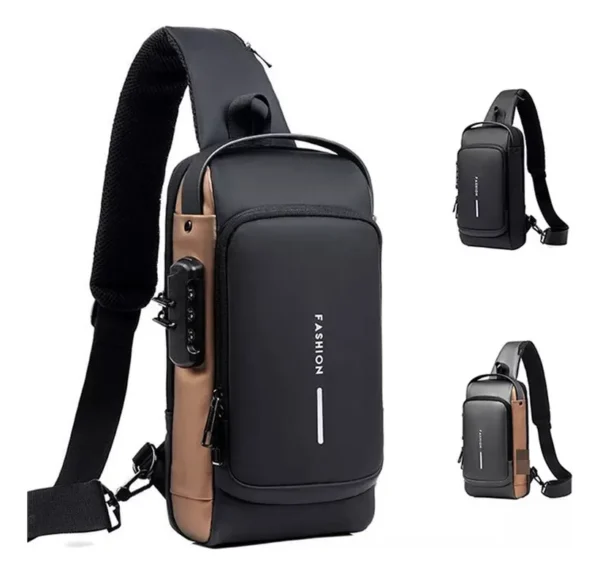 Canguro bolso antirrobo con candado y diseño moderno, ideal para hombres.
