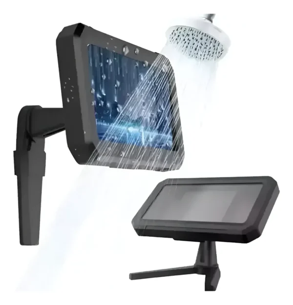 Soporte rotativo 360° para celular impermeable bajo la ducha, pantalla protegida.
