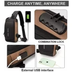Bolso canguro antirrobo con combinación y puerto USB externo para carga, diseño moderno.