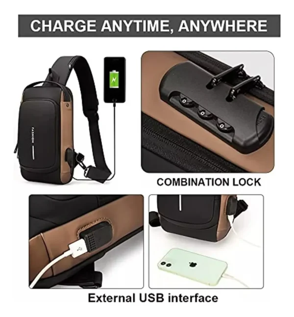 Bolso canguro antirrobo con combinación y puerto USB externo para carga, diseño moderno.