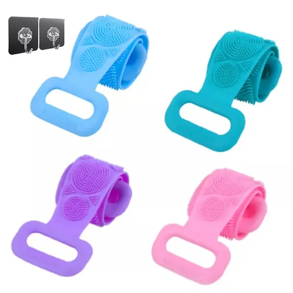 Set x2 banda silicona ducha, exfoliante y masajeador corporal en azul, turquesa, morado y rosa.