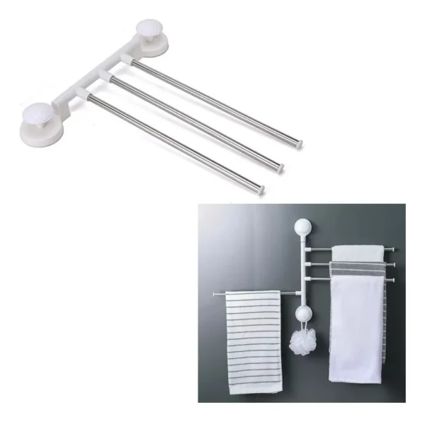 Soporte para toallas con ventosas y 3 barras giratorias, ideal para baño o cocina.