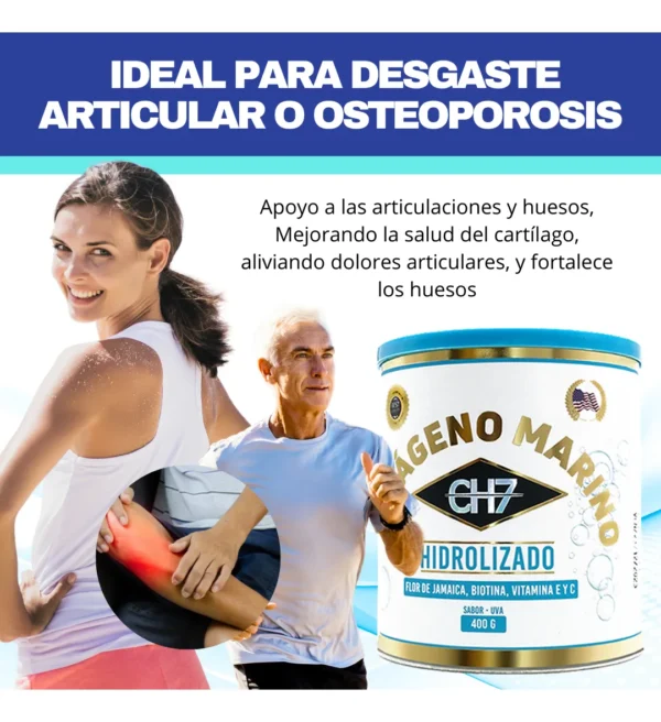 Colágeno Hidrolizado Marino CH7 para desgaste articular y osteoporosis, apoya y fortalece huesos.
