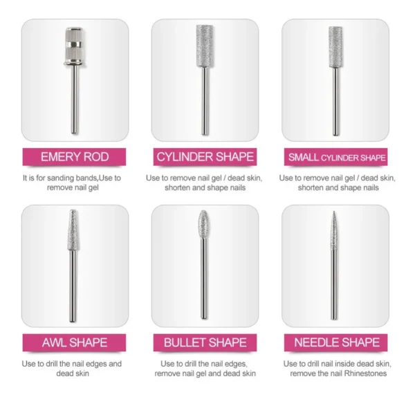 Kit pulidor de uñas eléctrico: 6 brocas para manicura con distintas formas y usos.