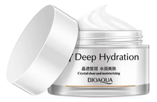 Crema BIOAQUA Deep Hydration, aclarante y humectante, envase abierto con producto visible.