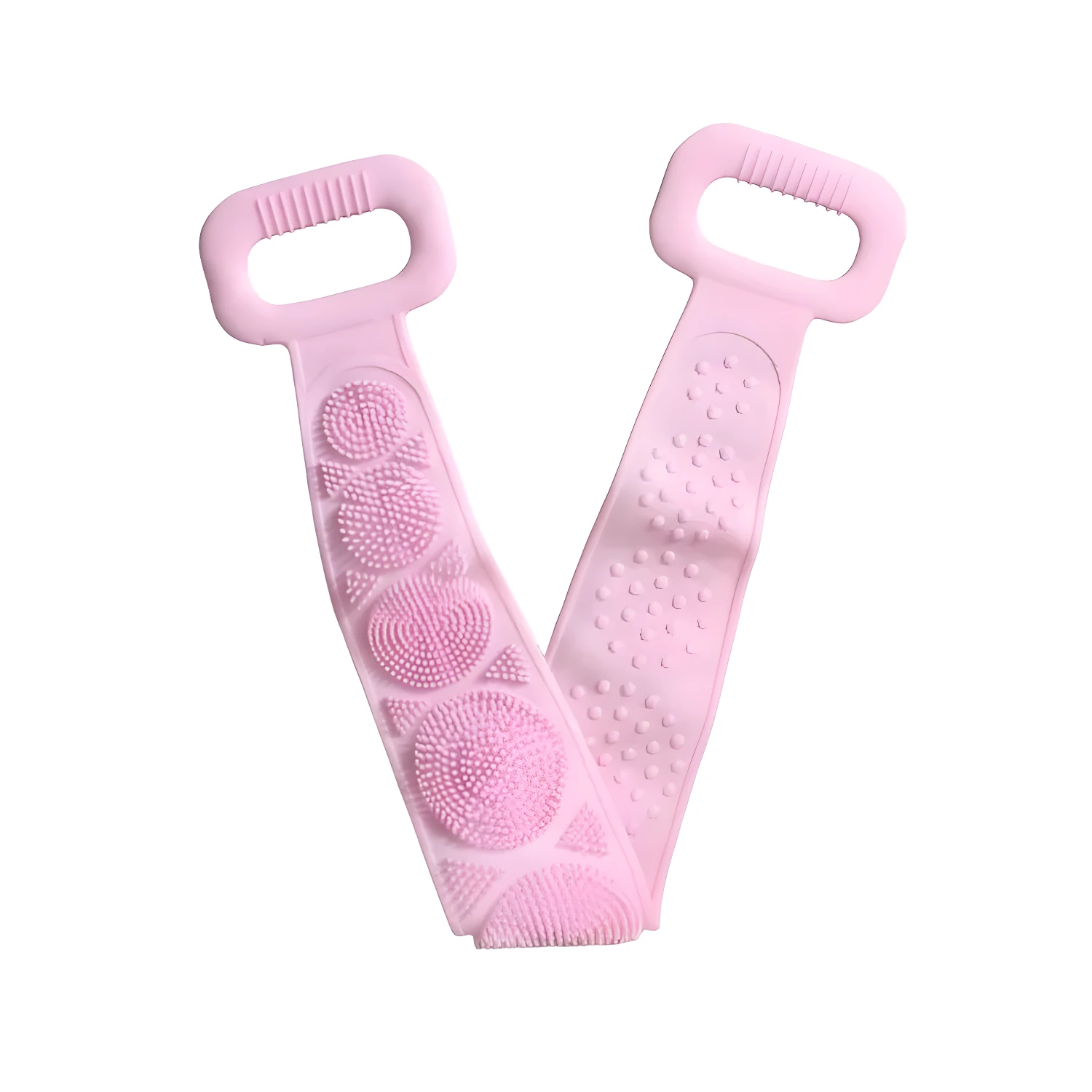 Set x2 banda ducha silicona exfoliante rosa con agarraderas ergonómicas y textura suave.