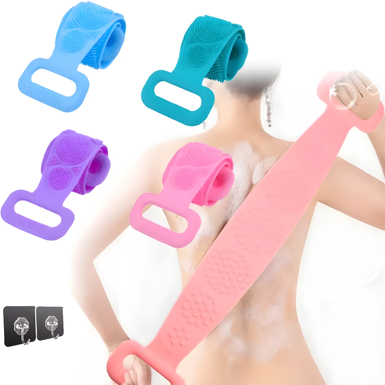 Banda de ducha multifuncional colorida con ganchos, ideal para exfoliación corporal.
