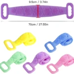 Set x2 bandas de ducha multifuncionales de silicona morada y amarilla para exfoliación corporal.