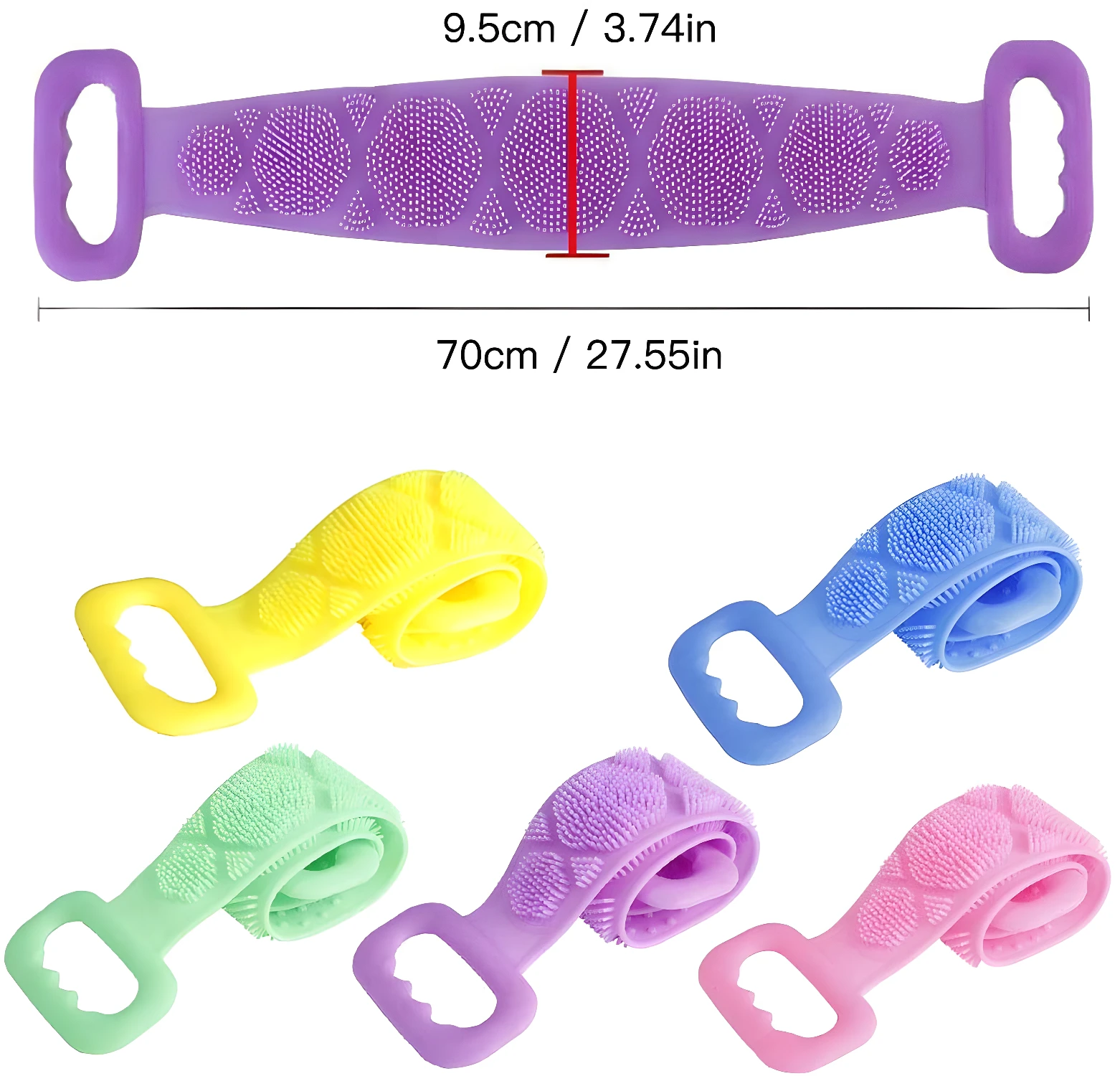 Set x2 bandas de ducha multifuncionales de silicona morada y amarilla para exfoliación corporal.