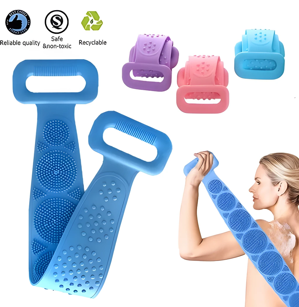 Set x2 banda multifuncional ducha: exfoliación, limpieza y masaje. Rosa, azul y lila.