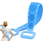 Banda multifuncional de ducha azul con cepillo de silicona y agarre para exfoliación corporal.