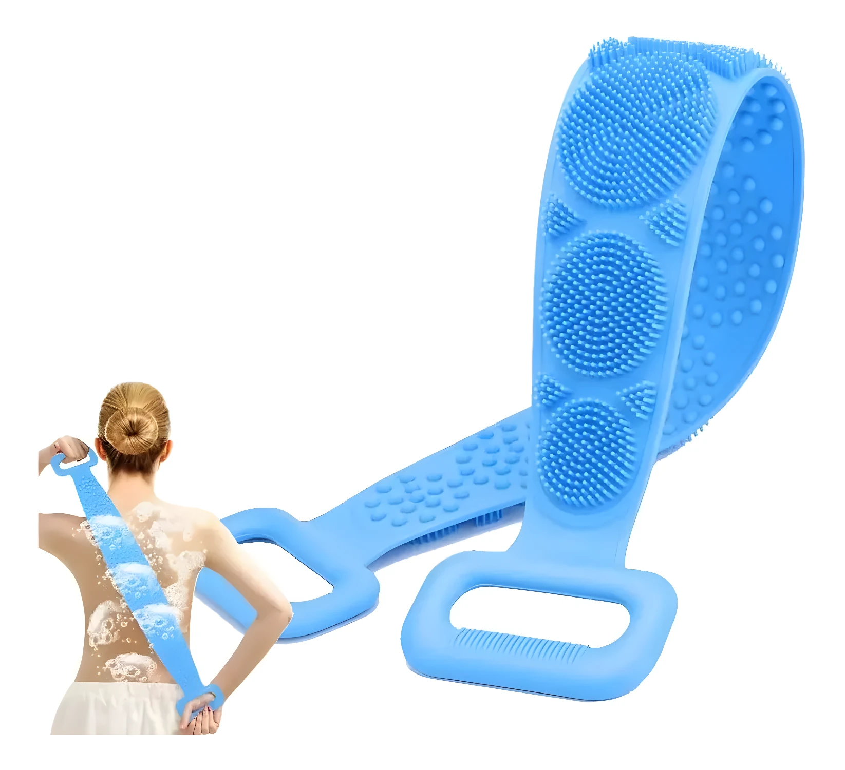 Banda multifuncional de ducha azul con cepillo de silicona y agarre para exfoliación corporal.