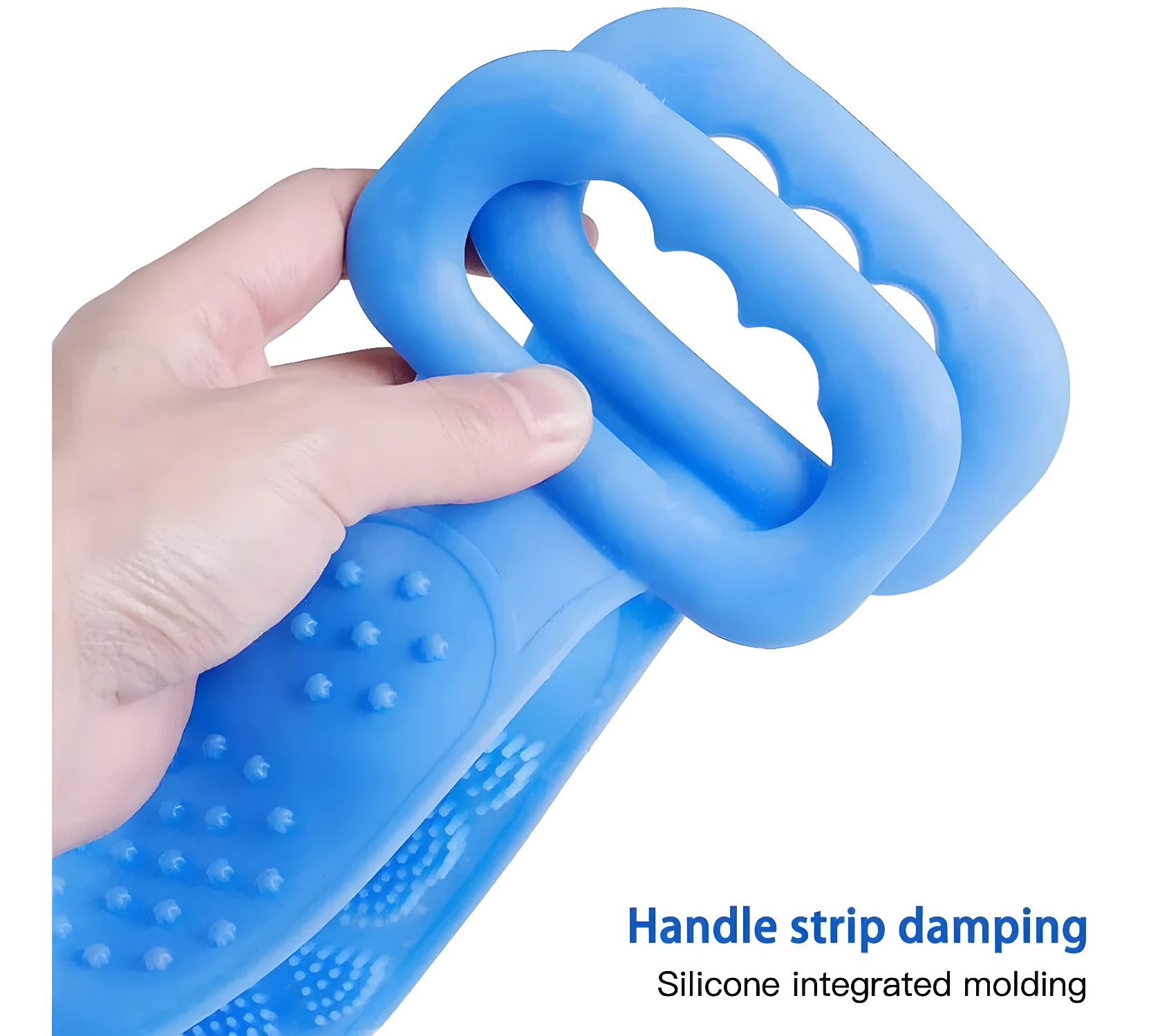 Banda de ducha de silicona azul con asas, ideal para exfoliación y limpieza corporal.