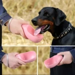 Bebedero portátil rosa para mascotas, el perro bebe agua con la lengua.