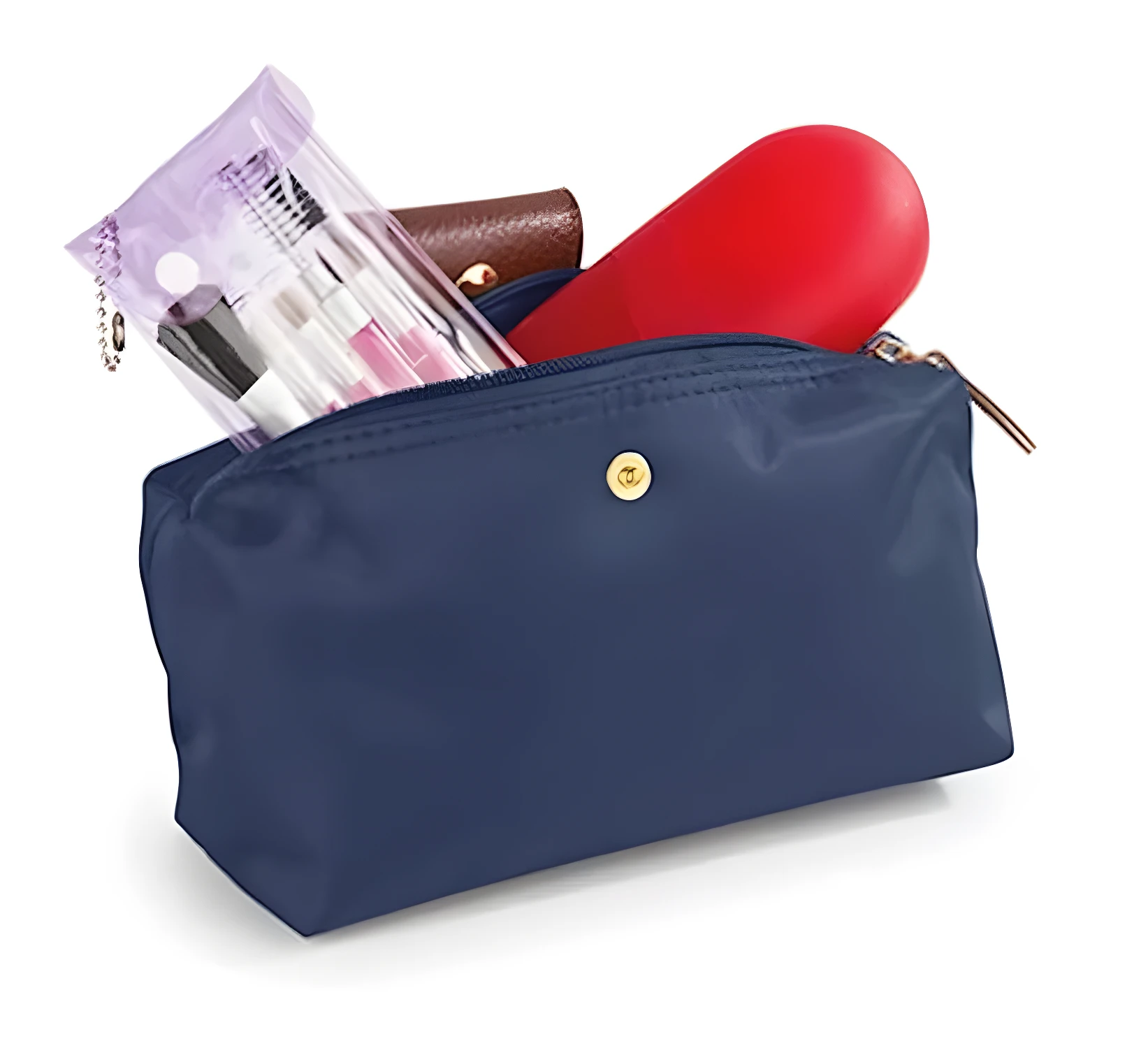 Cartera plegable azul con cosmetiquera transparente y artículos de belleza.