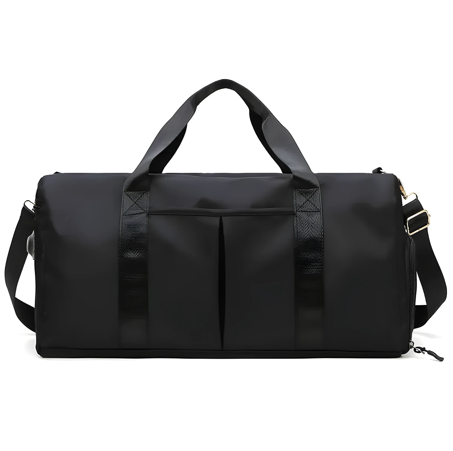 Bolso de viaje o gym negro impermeable, moderno y funcional con asas y correa.