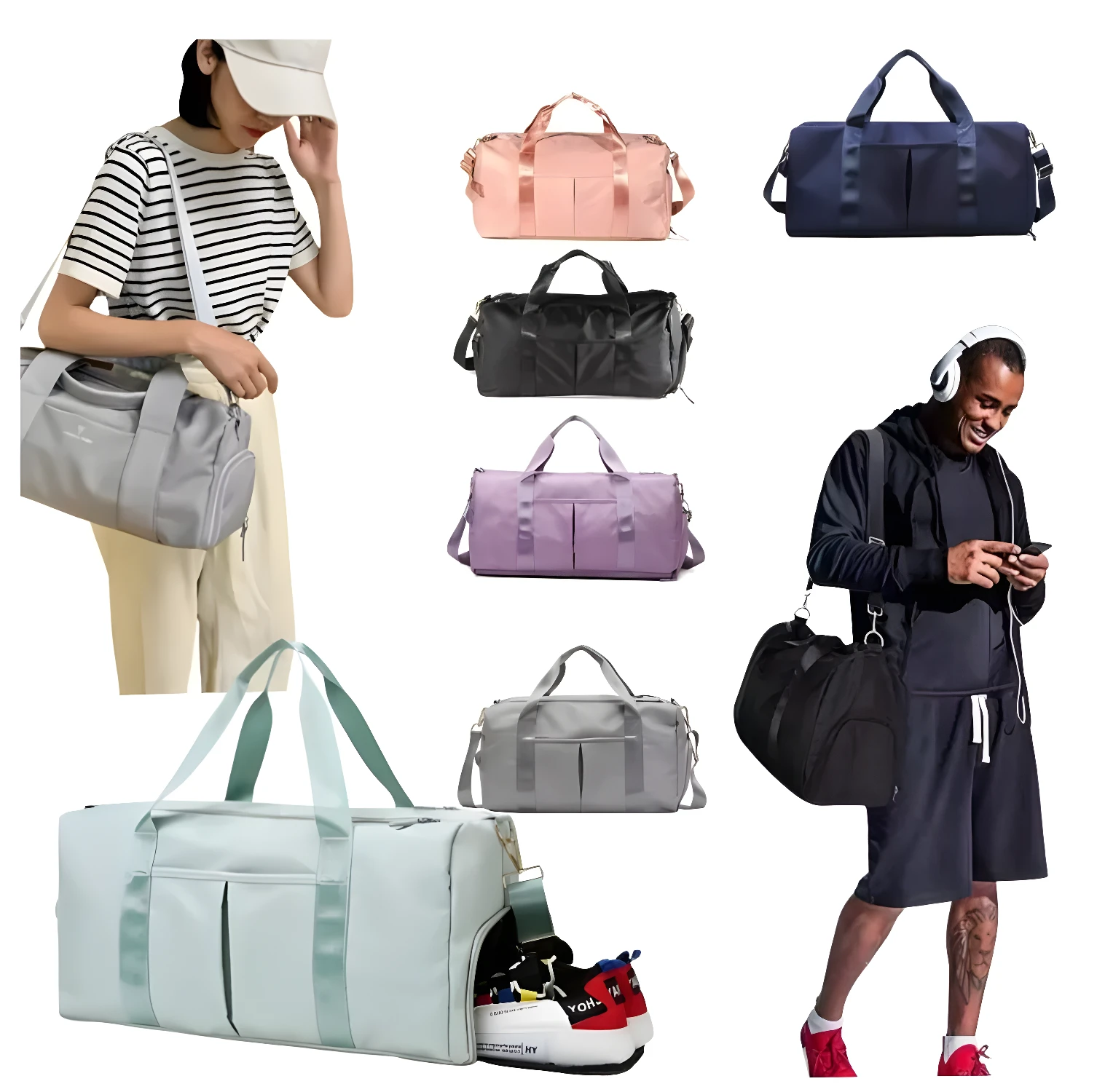 Bolso de viaje o gym impermeable gris con correa y cierre, ideal para llevar tus pertenencias con estilo.