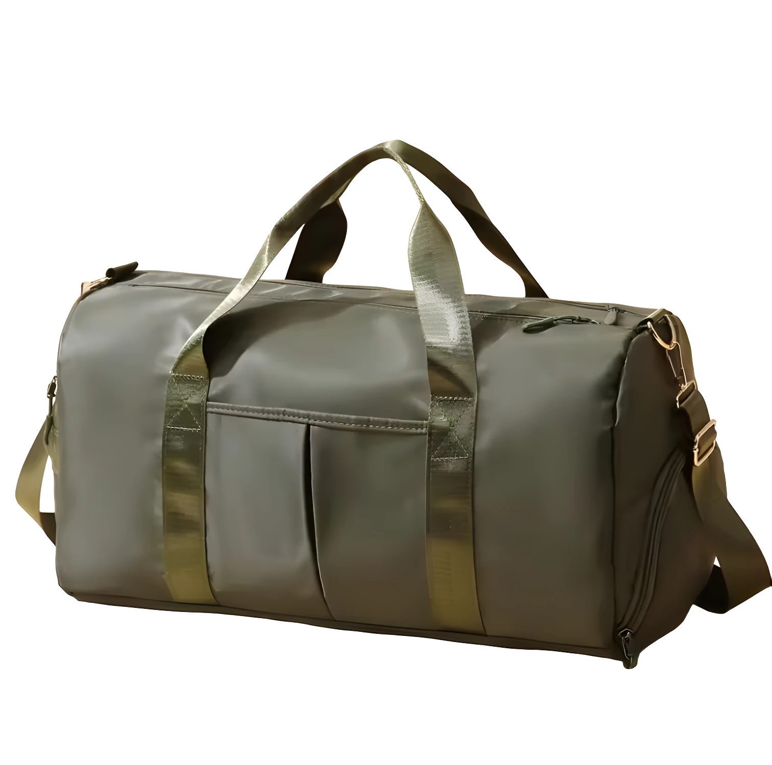 Bolso de viaje y gimnasio impermeable verde olivo con correas doradas y compartimentos.