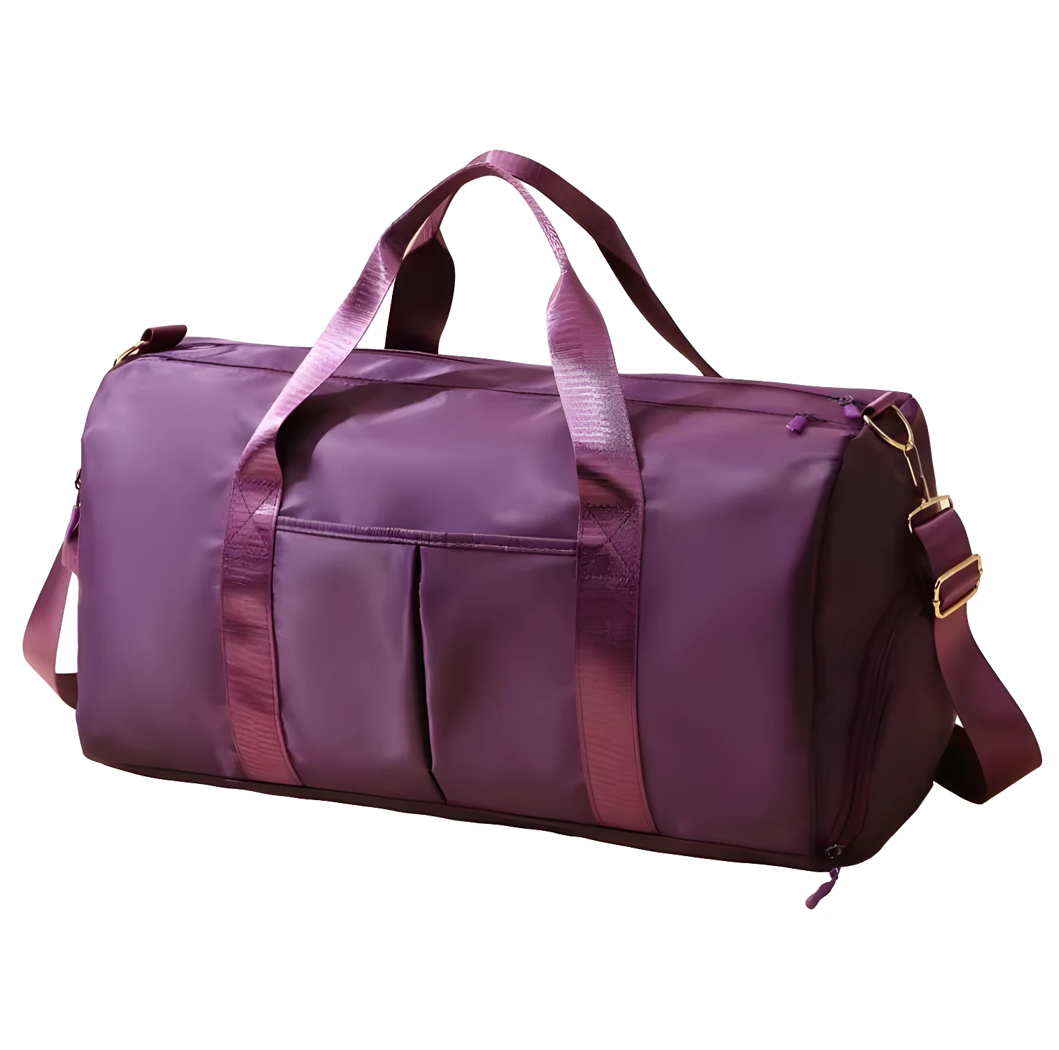 Bolso morado impermeable de viaje o gym, con asas y correa, ideal para llevar tus pertenencias.