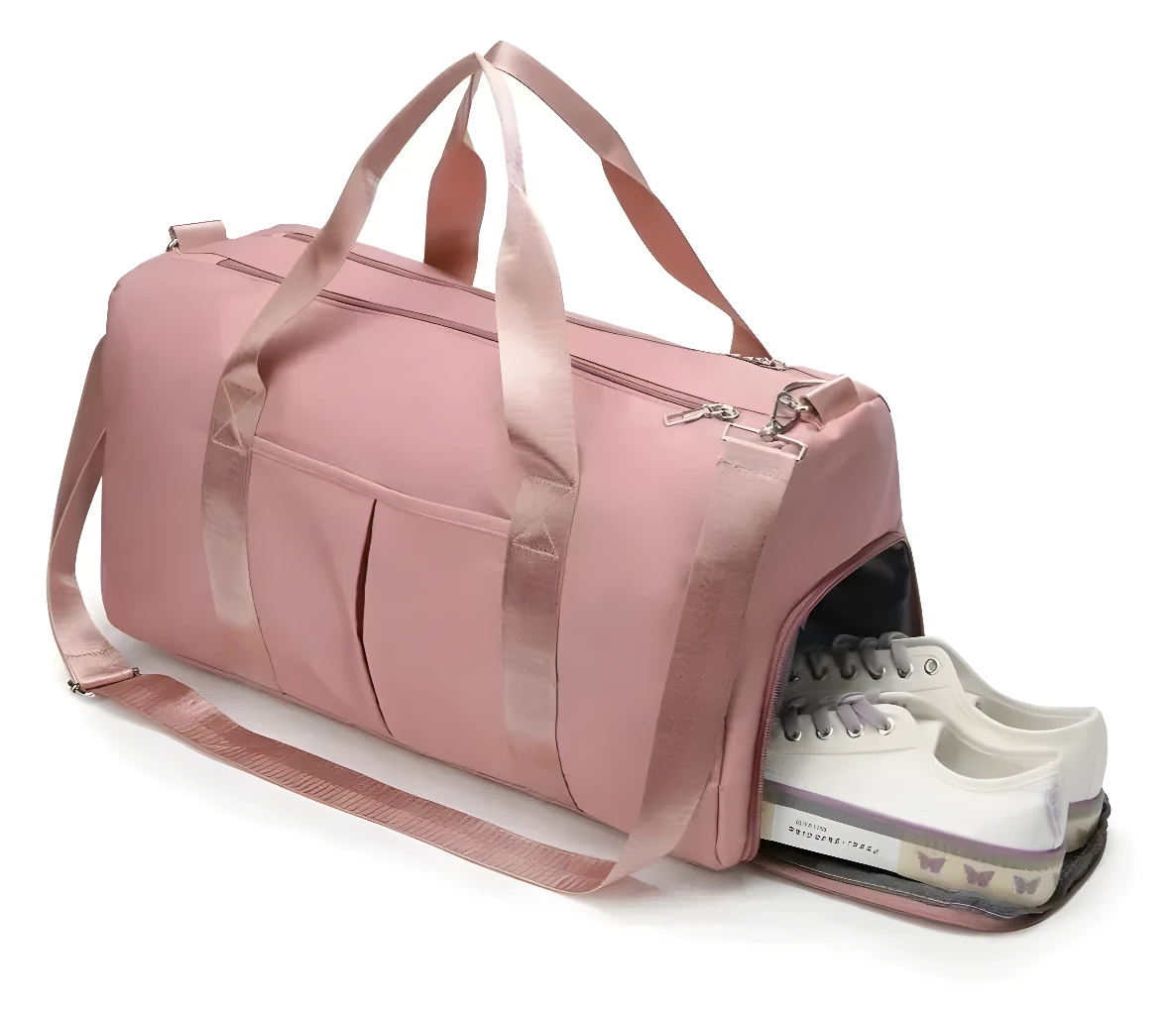 Bolso de viaje o gym impermeable rosa con compartimento lateral para zapatos y zapatillas blancas.