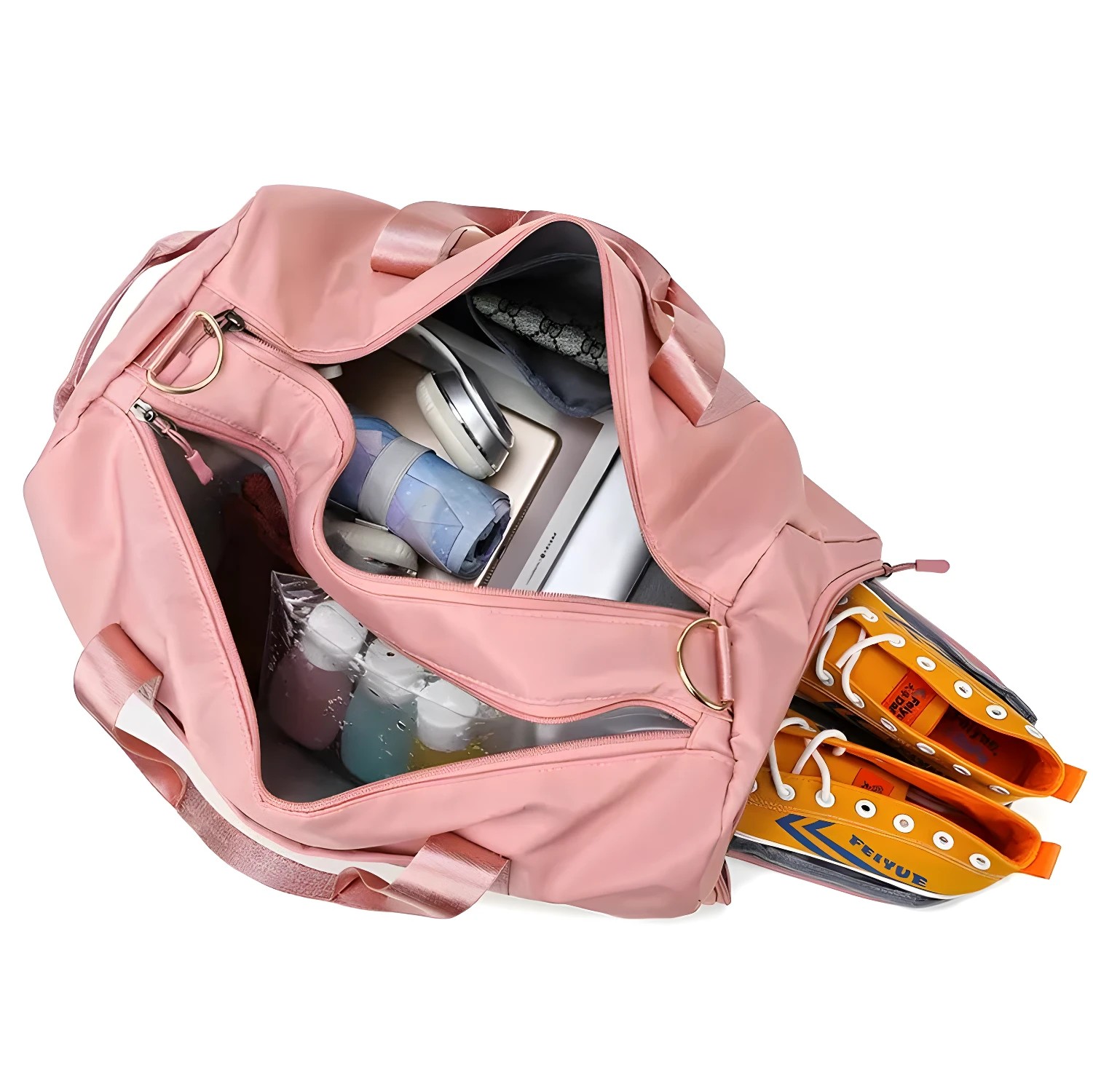 Bolso de viaje y gym impermeable rosa con zapatillas deportivas y artículos de aseo.