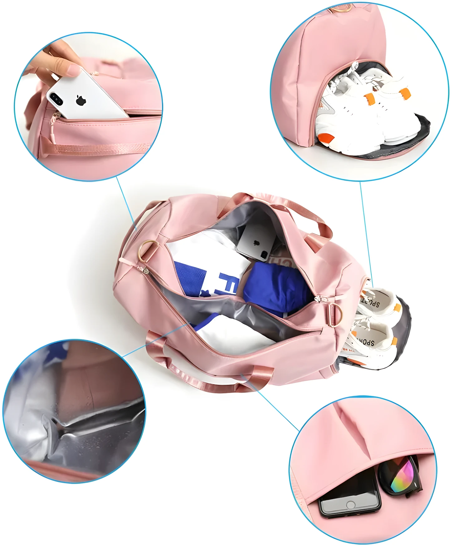 Bolso de viaje o gym impermeable rosa con compartimento para zapatos y bolsillo para celular.