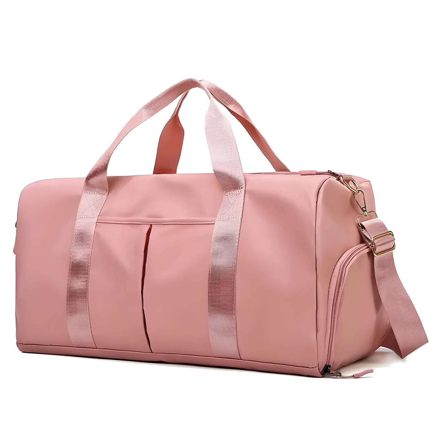 Bolso de viaje o gym impermeable color rosa con correas y bolsillo lateral.