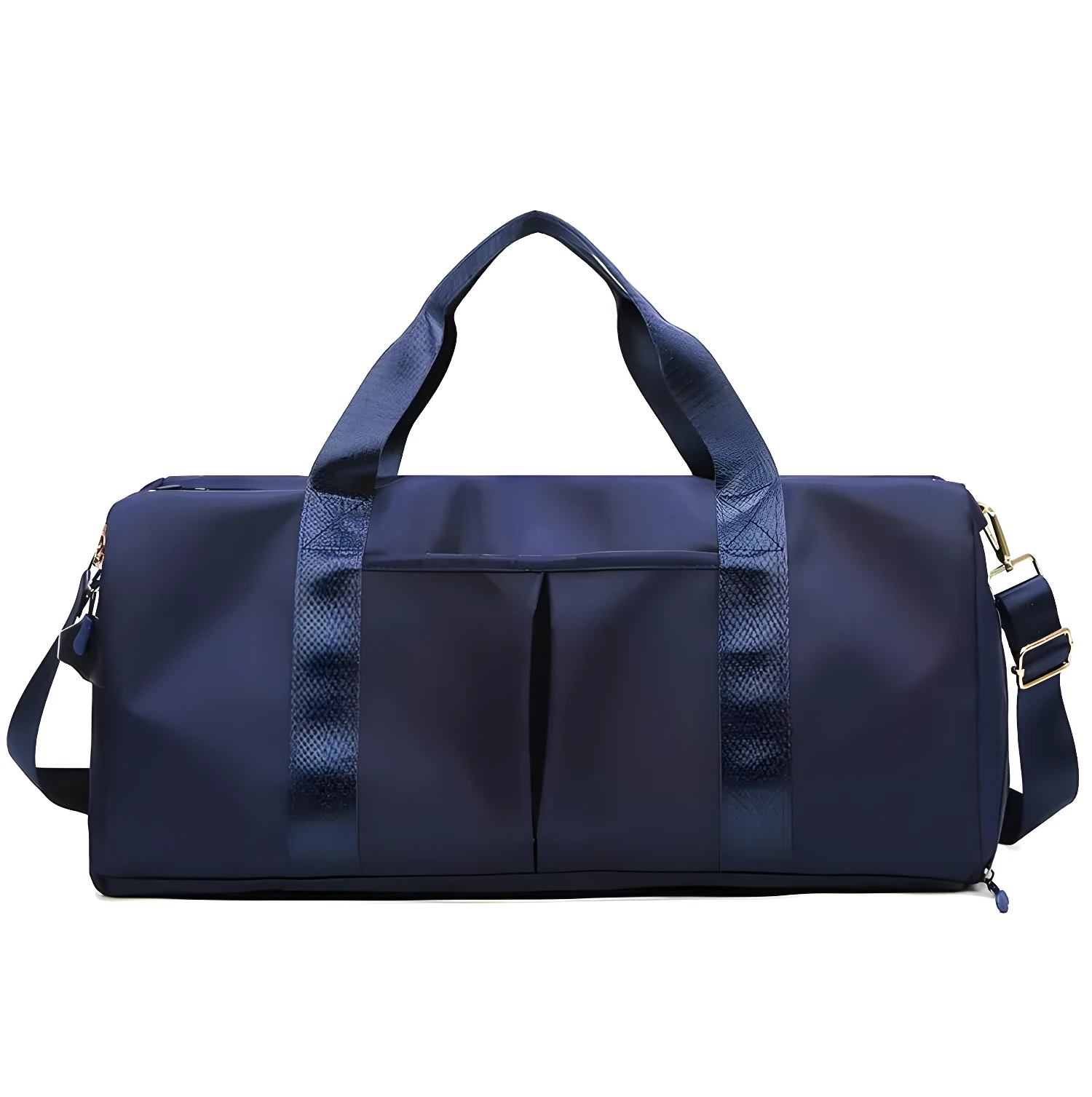 Bolso de viaje o gym impermeable azul marino con asas y correa ajustable.