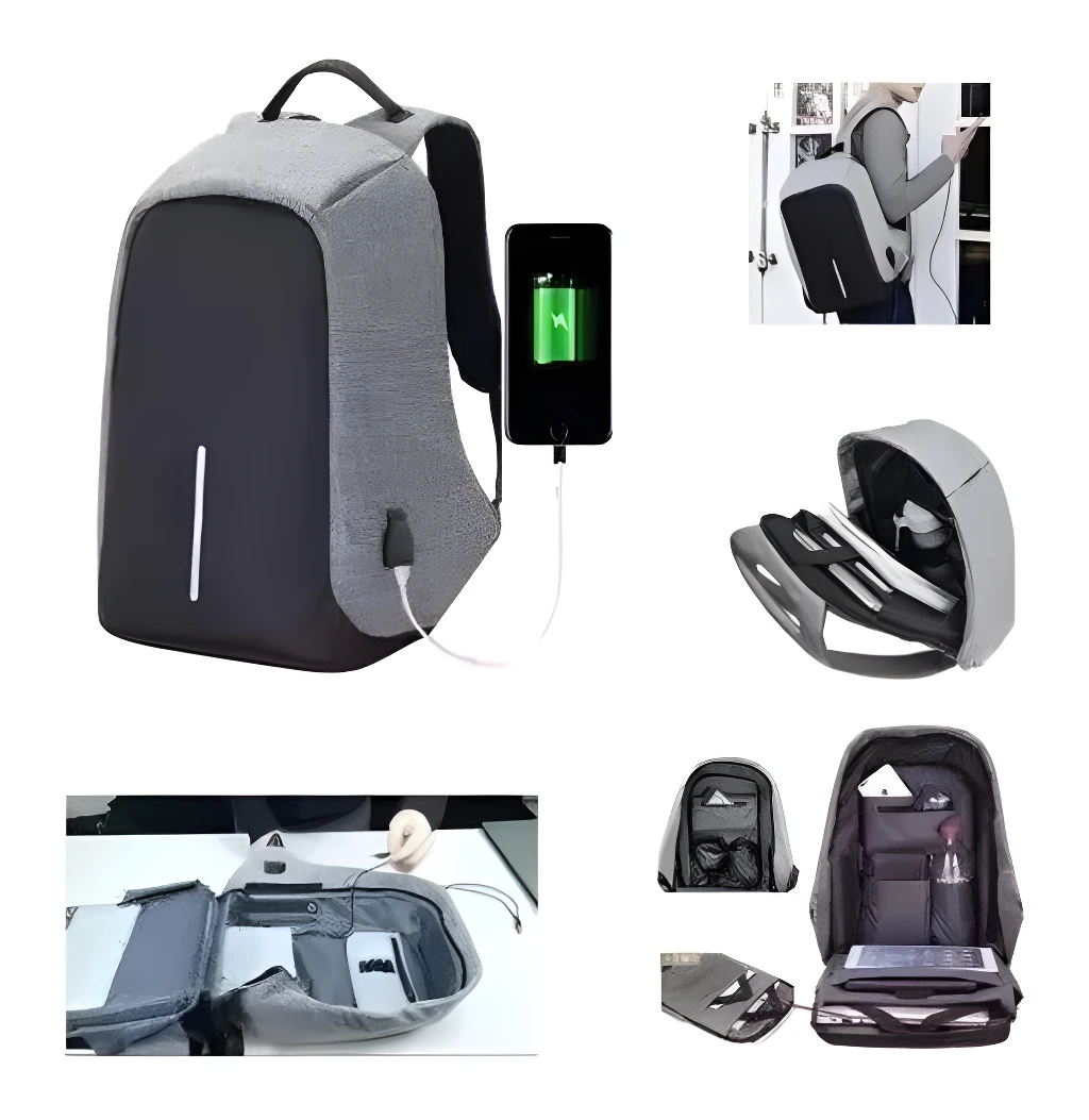 Bolso mochila morral antirobo gris con puerto USB y cargando celular, compartimentos internos.